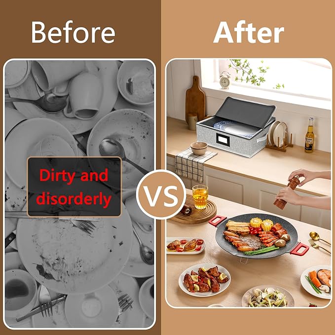homyfort Platter Storage Case Box, China Storage Containers Hard Shell, 5 Felt Dividers Included, Structured Top and Stackable Platter Storage Containers (Grey)