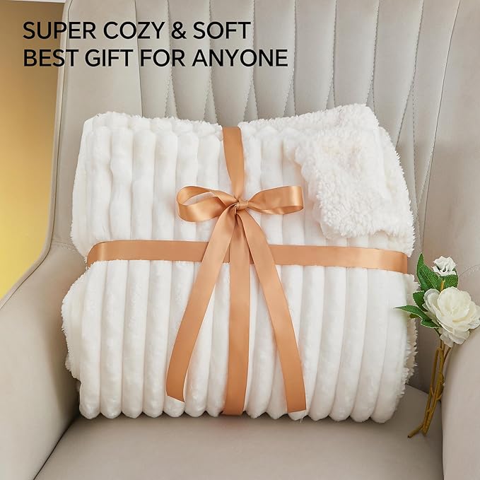INFIIXSO Sherpa Throw Blanket for Couch - Super Soft & Warm Striped Fleece Blanket, Cozy Plush Fluffy Blanket All Season Use (Off White, 50x60 Inches)