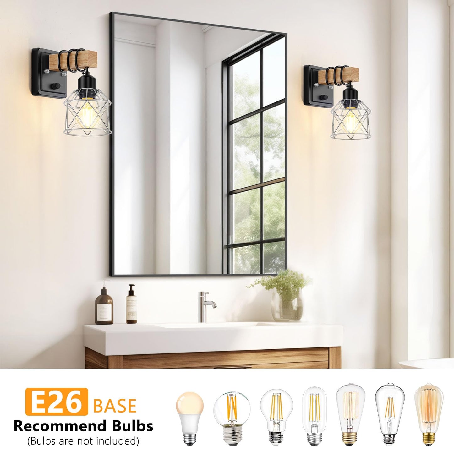 Fadimikoo Wall Sconces Set Of Two  Bedside Wood Wall Lamps With Rotary Switch  Black Bathroom Vanity Light With Silver Wire Cage  Rustic Dimmable Sconces Wall Lighting For Living Room  Hallway  Mirror