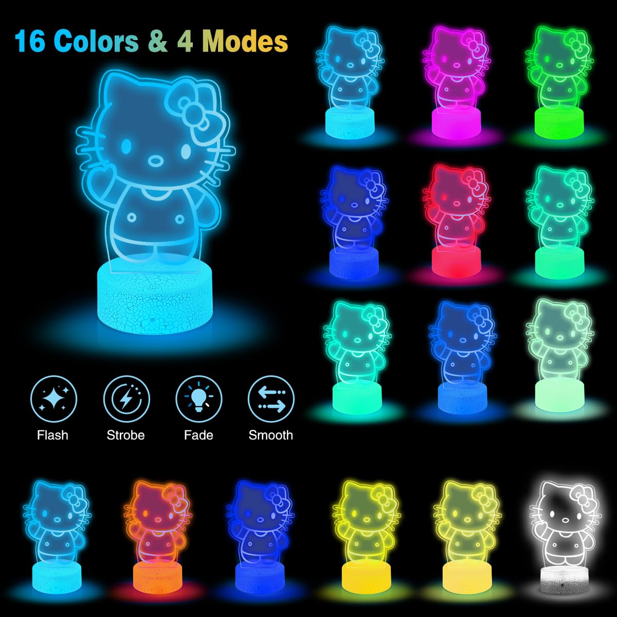 Atimomiao 3D Night Light - Cute Cat Illusion Lamp, 16 Colors, Remote Control, Acrylic, 8x2x6 inches, Model HT02