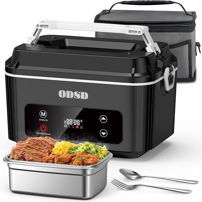 ODSD Cordless Electric Lunch Box for Adults, Heated Lunch Box 130min Battery Life, Self-Heating Portable Electric Food Warmer with 1.2L SS Container for Truck, Office, or Outdoor Worksite
