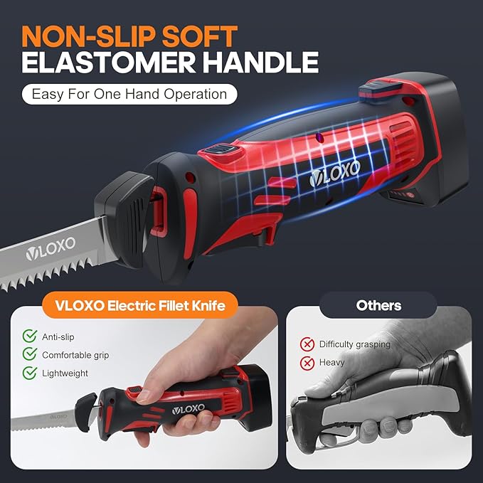 VLOXO Electric Fillet Knife, Cordless Fillet Knife with 4 Stainless Steel Blades Safety Lock Non-Slip Grip Handle Storage Case Rechargeable Electric Knives for Filleting, Meat, Bread, Turkey