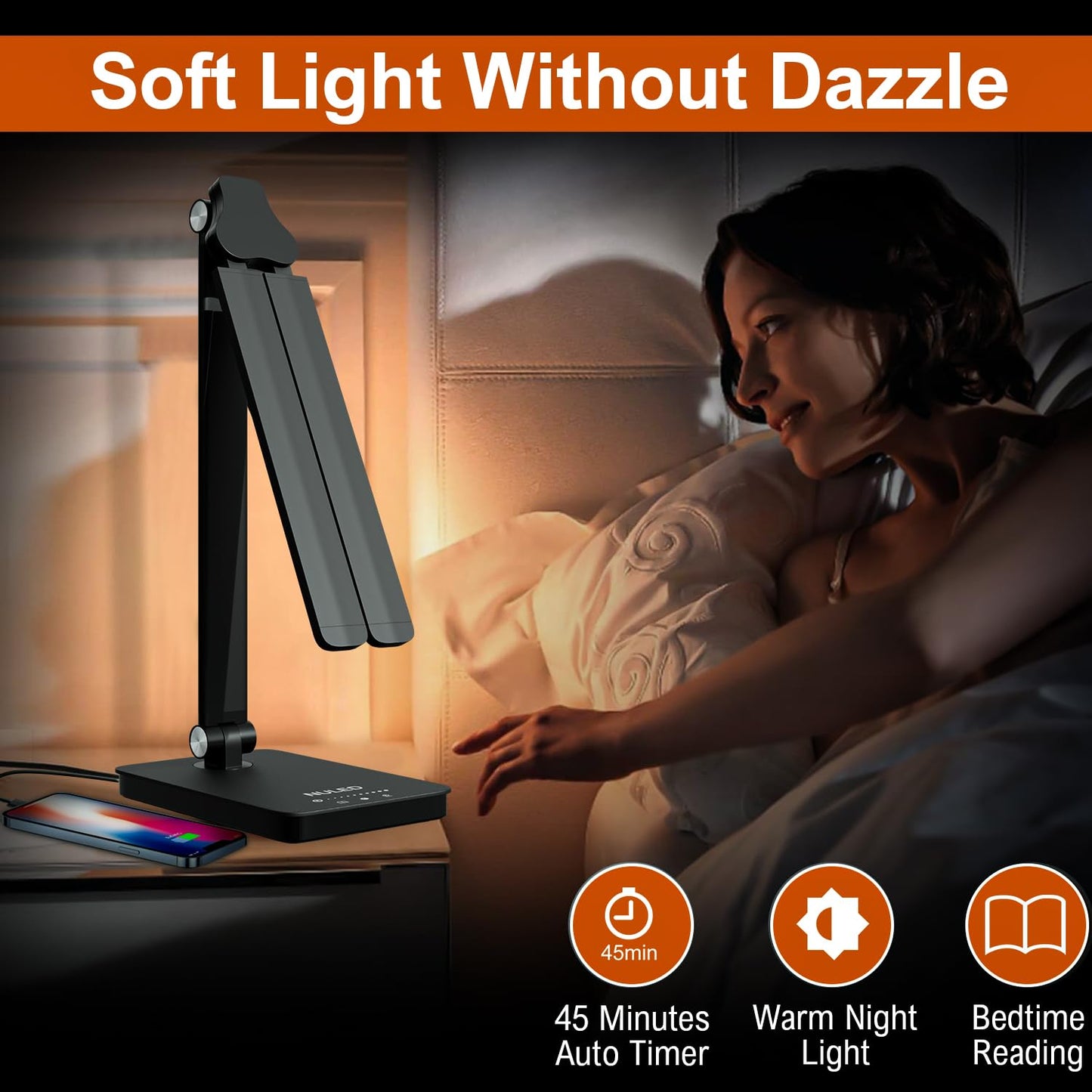 NUNET LED Desk Lamp, Rotatable Aluminum, USB Charging Port, Glossy Black, Model NULED-MSL2black