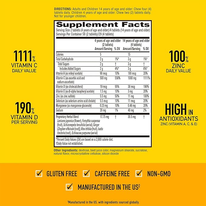 Airborne 1000mg Vitamin C + Zinc Immune Support Supplement Chewable Tablets, Very Berry Flavor with Powerful Antioxidants Vitamins A C & E, 116 Chewable Tablets (2 Pack)