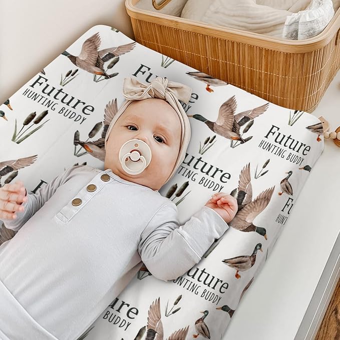 HawSkgFub Future Duck Hunting Buddy Changing Pad Cover for Baby Boy, Wild Mallard Hunter Diaper Change Table Covers, Soft Stretchy Breathable Safe Snug Fitted Changing Mat Sheets Fit 32"/34" x 16"