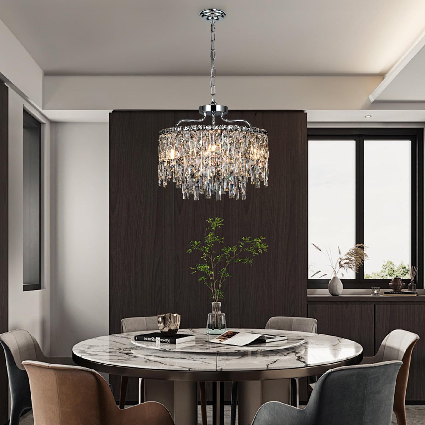 Nisidun Chrome Crystal Chandelier  Modern stylish Round Dining Room Chandeliers Over Table 6 Lights Chrome Ceiling Pendant Lighting For Dining Room Bedroom Entryway Foyer Staircase