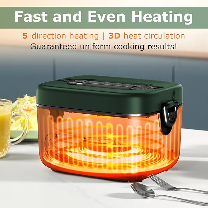 1.2L Cordless Electric Lunch Box – 20000mAh Rechargeable Portable Food Warmer with 5-Sided Heating, Auto Temperature Control, Leakproof & BPA-Free – Perfect for Office, Truck, Outdoors Green