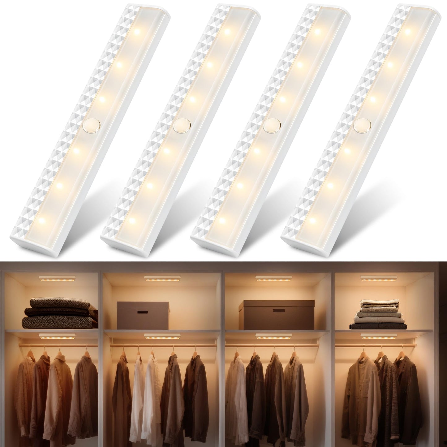 Maylit 4 Pack Closet Lights Motion Sensored  Battery Operated Light Indoor  Wireless Magnetic Night Led Bar  Stick On Lighting For Stair  Shelf  Hallway  Bed  Pantry  Under Cabinet  3000K Warm White