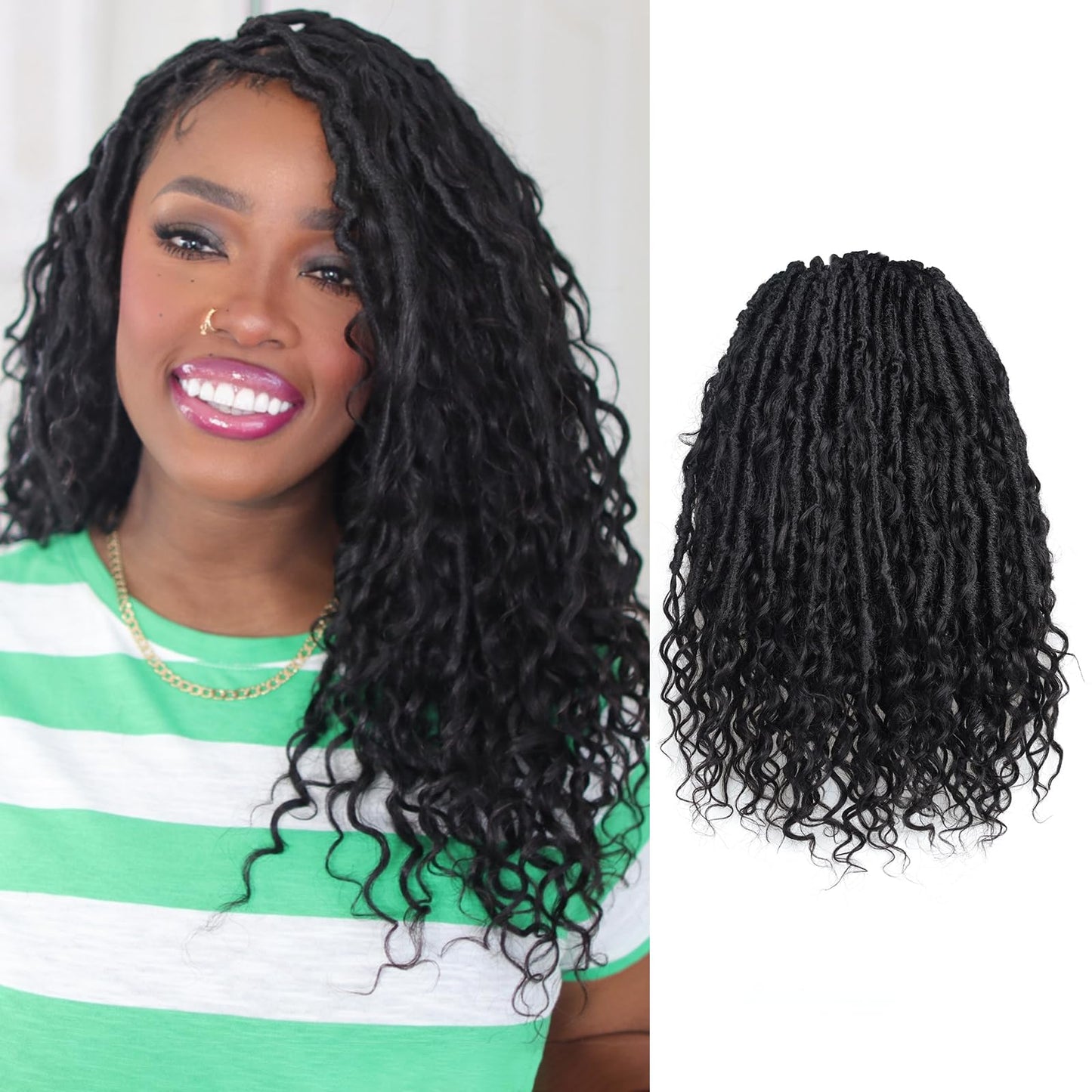 ToyoTress Boho Crochet Locs With Human Hair Curls - 16 Inch 8 Packs Natural Black Handmade Pre-Looped Crochet Hair For Black Wom