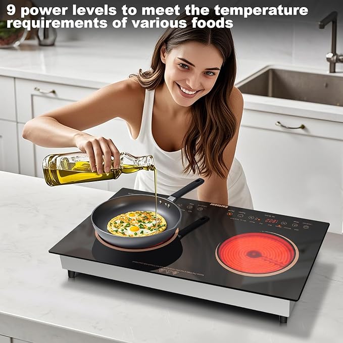 Karinear 2 Burners Electric Cooktop 24 Inch, 110v~120v Countertop and Built-in Elecric Stove Top, Portable Electric Radiant with Outlet Plug, Sensor Touch, Child Safety Lock, Timer(Gold)
