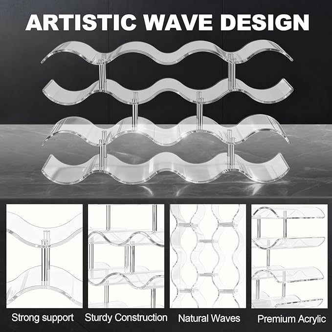 Wine Rack Countertop, Wine Rack for Inside Cabinet, Acrylic Wine Holder, Wavy Wine Bottle Holder for Cabinet Pantry Home Kitchen (4 Tiers - 14 Bottles)