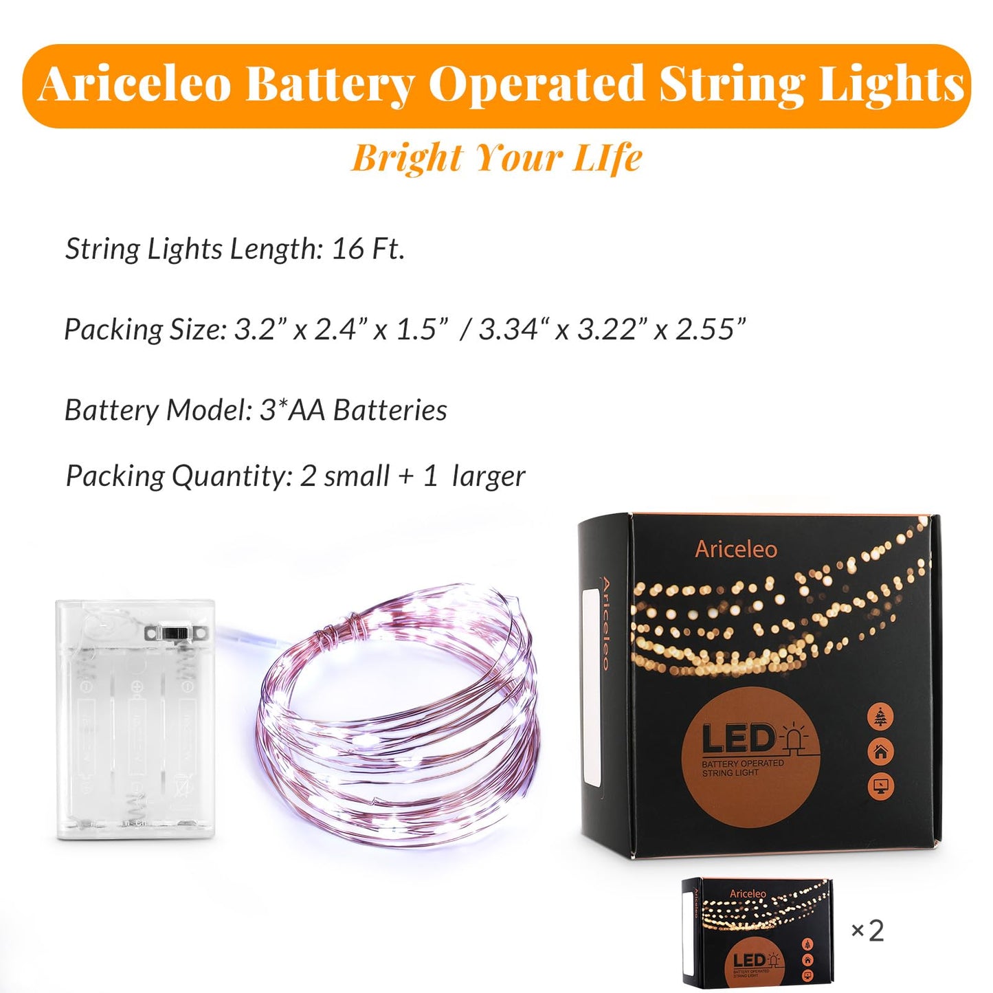 Ariceleo LED Fairy Lights, 2 Pack Mini Battery Operated, 5m Copper Wire, Cool White, Model MRSXD-W-5M-2