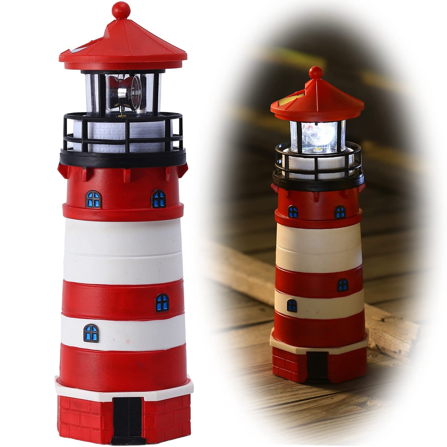WDLFCGC Solar Lighthouse 12in Tall with Rotating Beacon, 360° Decoration, Model 3130A, Red