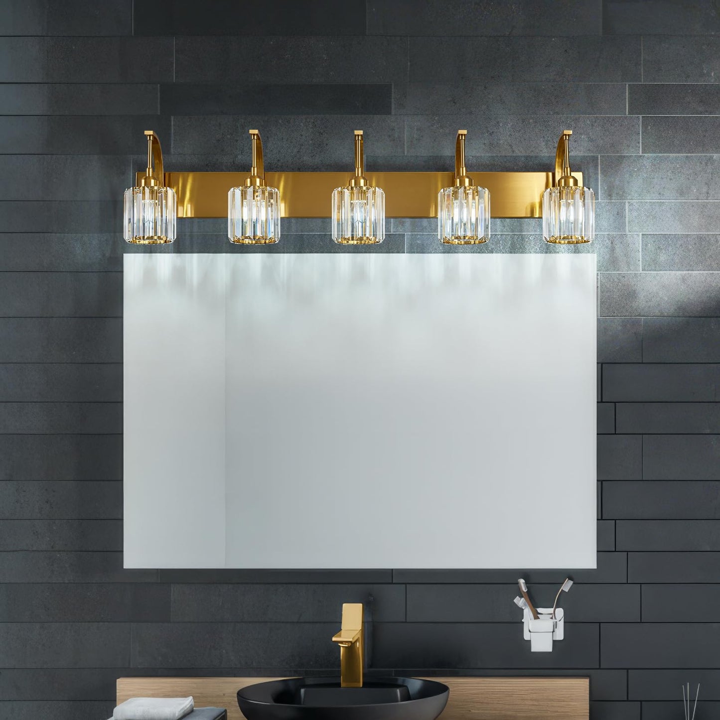 Fdpby 5-Light Crystal Vanity Light  Modern Gold Bathroom Wall Sconce With K9 Crystal Shades  42.51 Long Over Mirror Lighting For Vanity  Makeup  Hallway  Elegant & Easy Installation