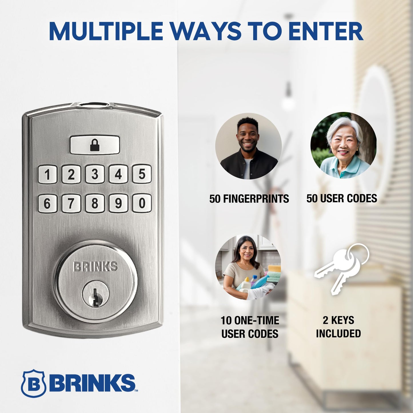 BRINKS Security Door Locks, High-Security Keyless Entry, Smart Electronic Door Lock with Deadbolt, Up to 50 Codes, Automatic Locking (Deadbolt, Satin Nickel)