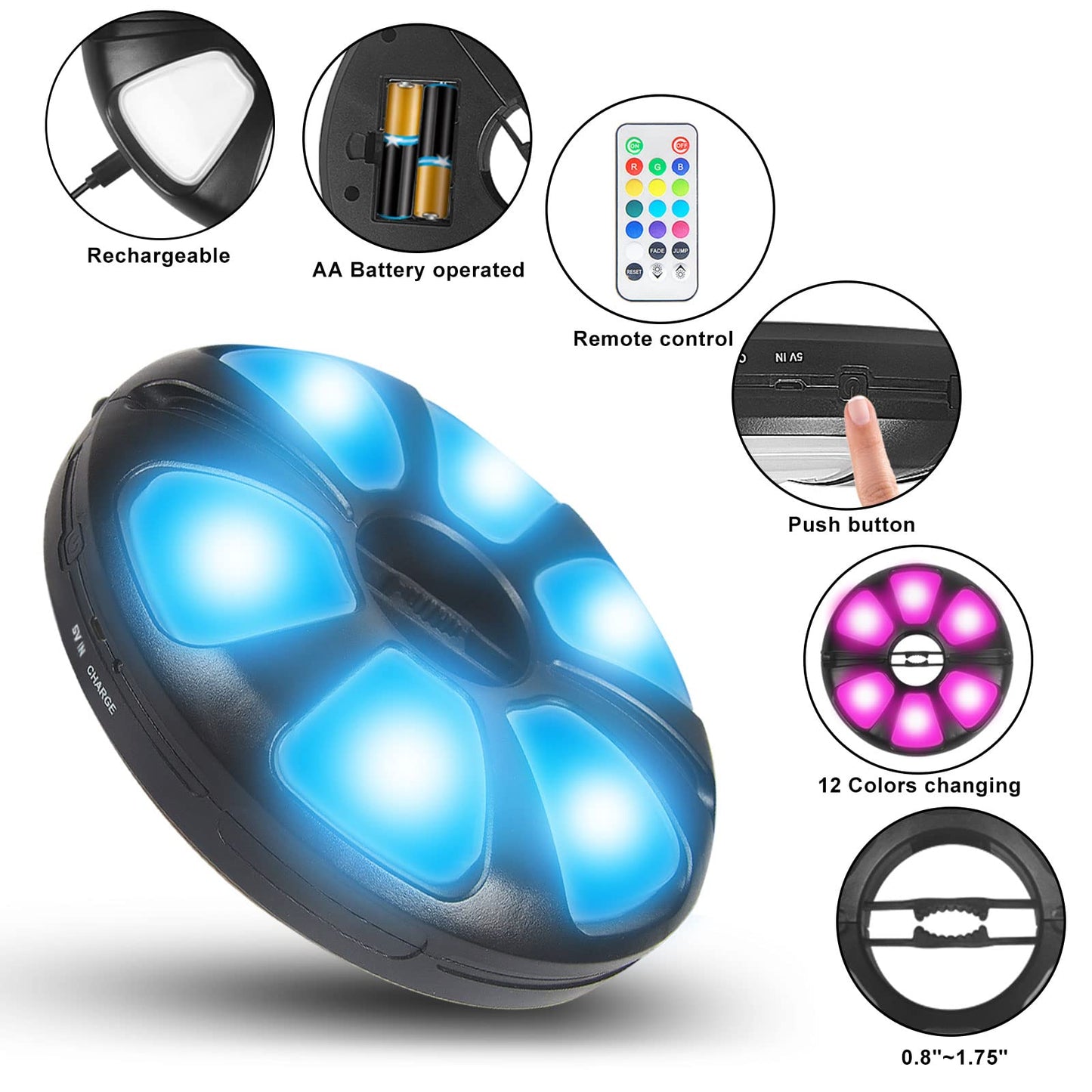 Arixinks 12 Colors Patio Umbrella Light, Remote Control, 300 Lumens, Rechargeable, White, Model Arixinks-CL12-RGB
