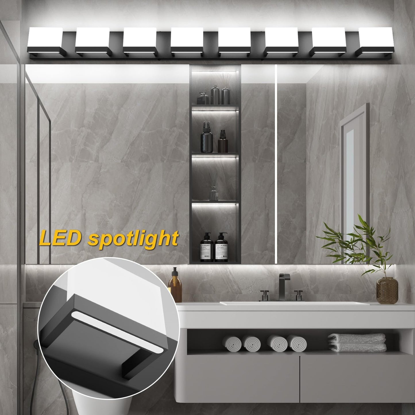 Tipace 8 Lights Modern LED Vanity Light, Matte Black, GW-1103, Up and Down Bathroom Light Fixtures, 6000K White Light