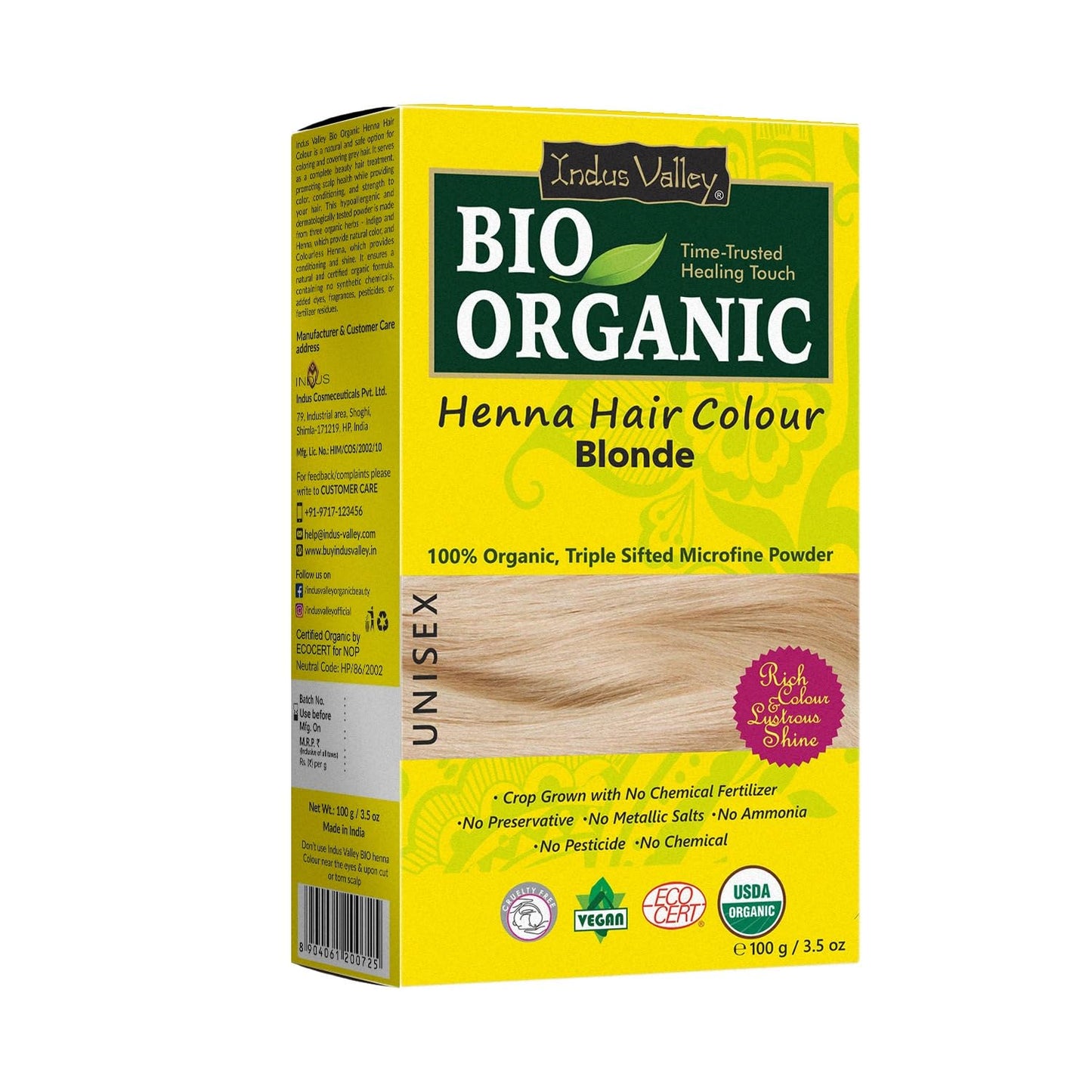 Indus Valley Bio Organic Natural Henna Hair Color For Women Blonde 100gm| 100% Gray Hair Coverage And Long Lasting Hair Dye | Ve