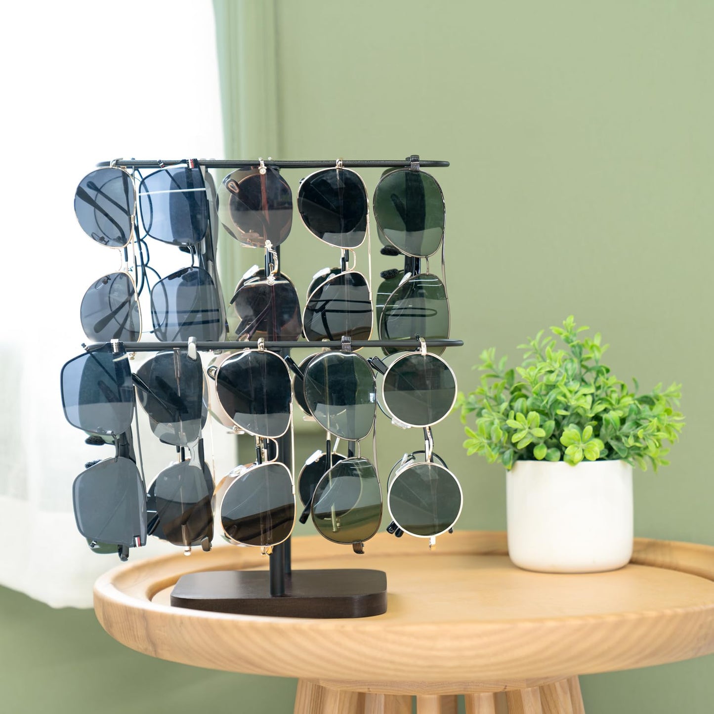 Mkono Sunglasses Organizer Glasses Holder Stand for 24 Pairs of Eyewear, 2 Tier Sunglass Storage Eyeglasses Display Rack Metal Frame with Wood Base for Table Desk Countertop Dresser Bedroom, Black