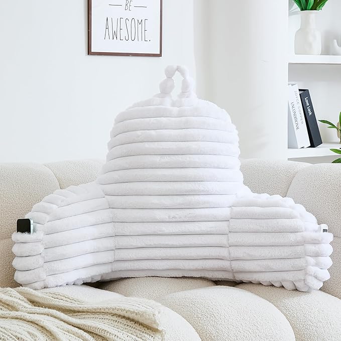 WERDIM Reading Pillow for Sitting in Bed, Faux Fur Back Pillow for Bed Rest, Bed Chair Pillow with Arms and Pockets(Large, White)