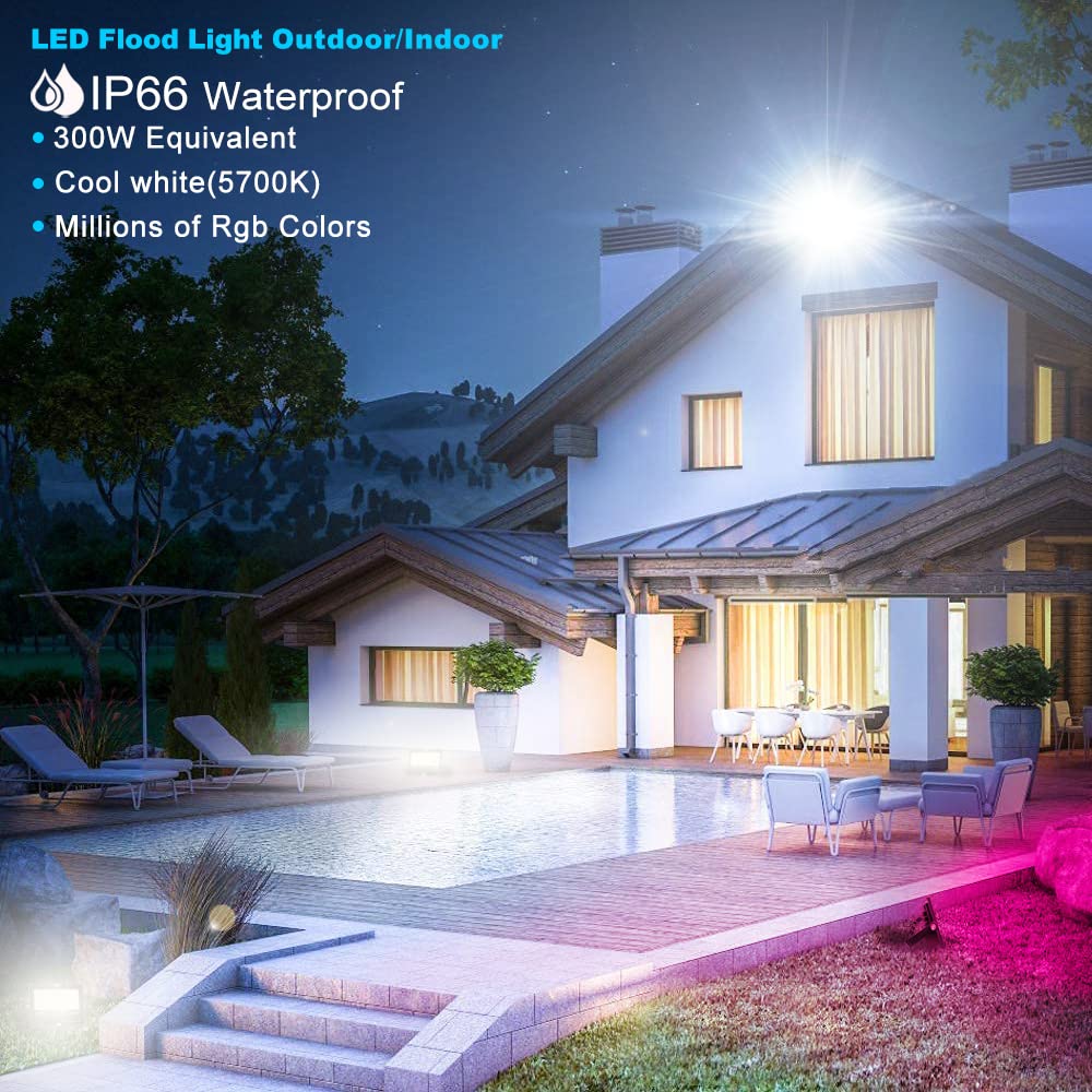 Melpo Led Flood Light Outdoor, 300W Equivalent, 3000Lm Smart Rgb, Ip66 Waterproof, 4 Pack, 5700K Daylight White, Black, Model Blfl