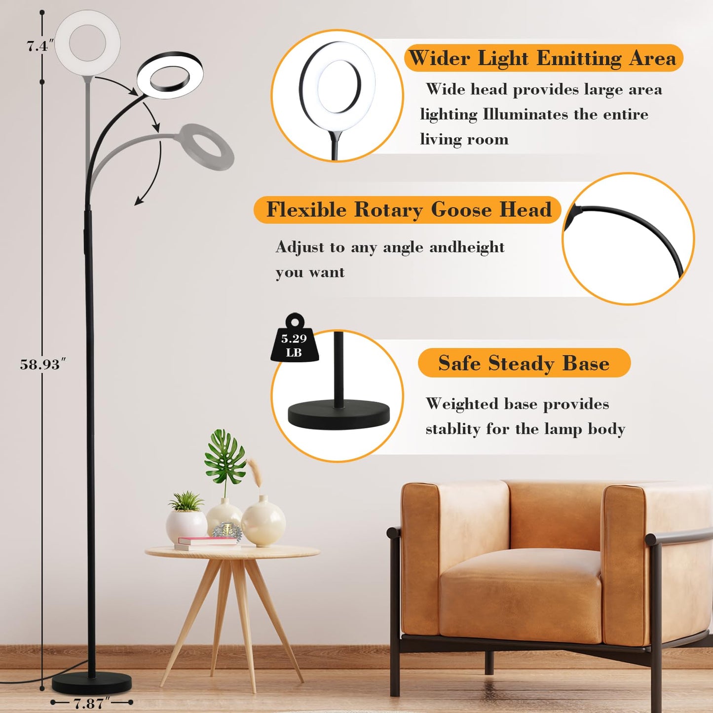 homakee LED Floor Lamp 12W 1000LM Adjustable Gooseneck Remote Touch Control Black HMK-FL
