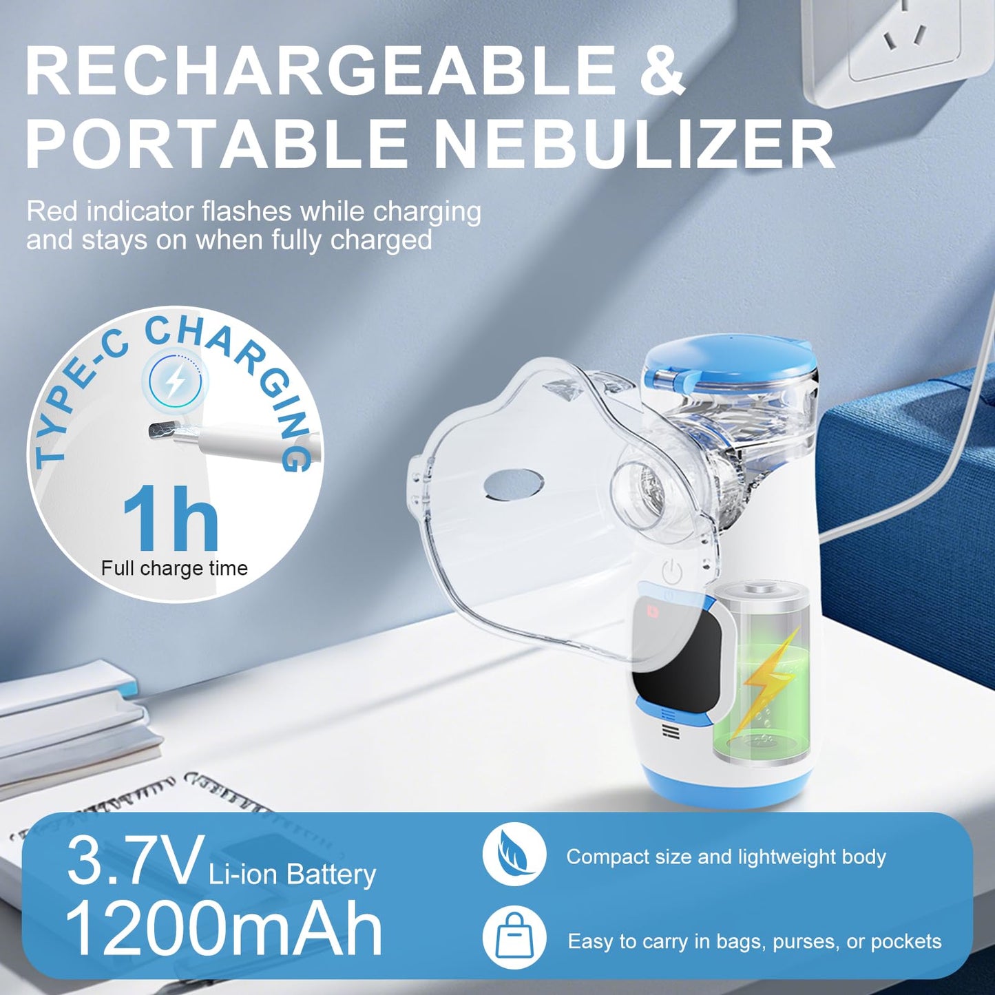 Portable Handheld Mesh Nebulizer, 2 Adjustable Mist Levels, Whisper-Quiet ≤20dB - Compact Travel Nebulizer for Adults & Kids, Home, Office Spacer (Blue)