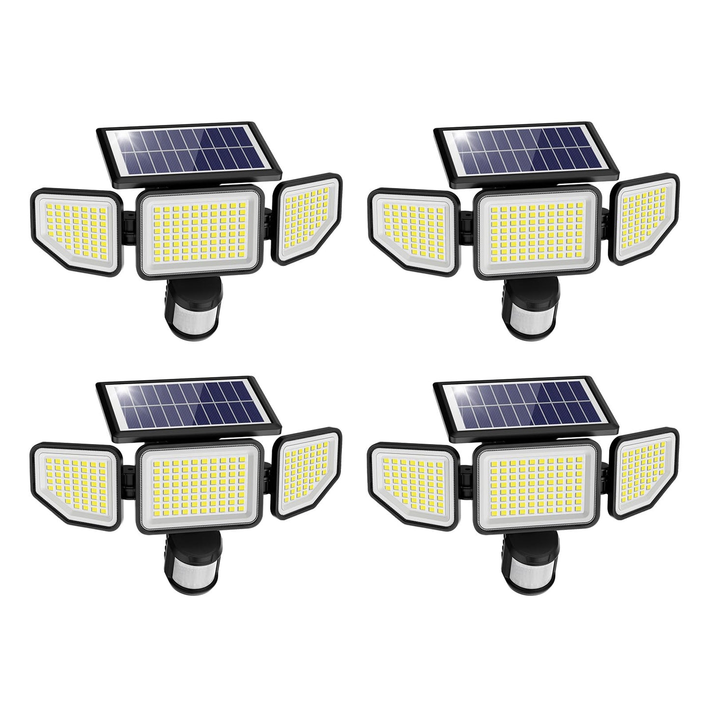 Onforu Solar Lights Outdoor, 3 Heads Motion Sensor Flood Lights, IP65 Waterproof, Remote Control, Black, Model BDTYD05, 4 Pack