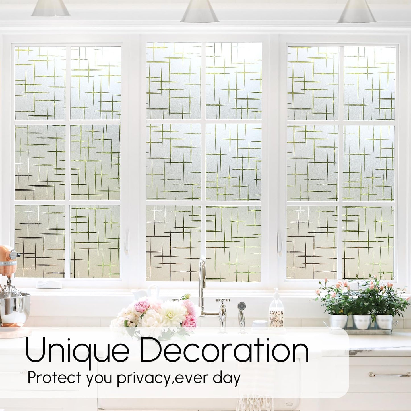 HIDBEA Window Privacy Film, Decorative Staic Cling Frosting Film, Heat Control UV Blocking Non-Adhesive Window Sticker for Home, Cross Pattern,17.5 X 78.7 Inch