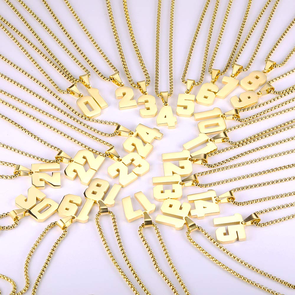 Susook Number Necklaces Personalized 18K Gold Plated Initial Number Pendant Stainless Steel Chain 22+2inch Movement Necklaces fo