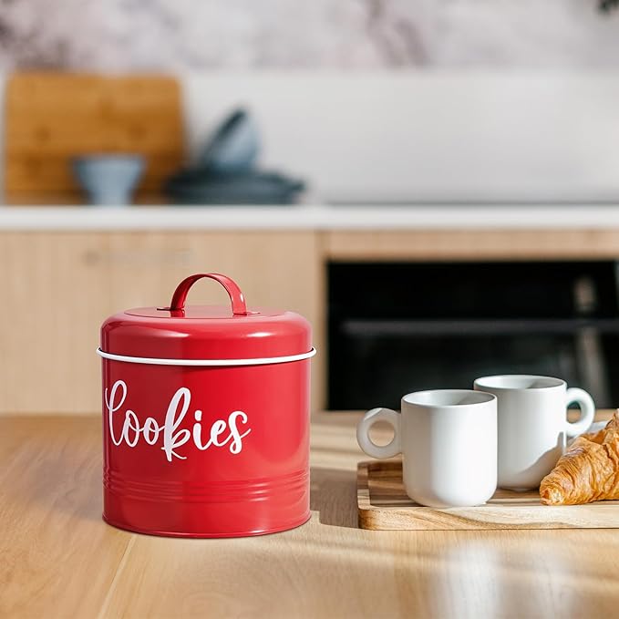 Farmhouse Cookie Jar for Kitchen Counter, 1 Gallon Vintage Cookie Jar with Airtight Lid, Large Food Storage Container for Candy, Cookies, Dessert, Red Kitchen Decor and Accessories