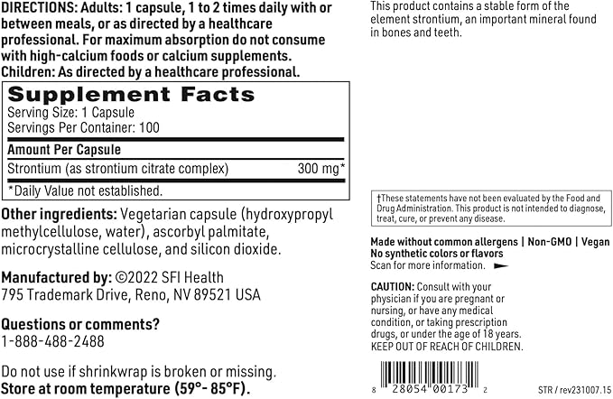 Klaire Labs Strontium - Hypoallergenic 300 Milligrams Bioavailable Strontium Citrate for Bone & Tissue Support (100 Capsules)