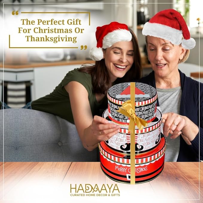 Pack of 9 Round Christmas Cookie Tins With Lids for Gift Giving - Metal Holiday Storage Container, Merry Christmas HAT ELF Design, Perfect for Gifting