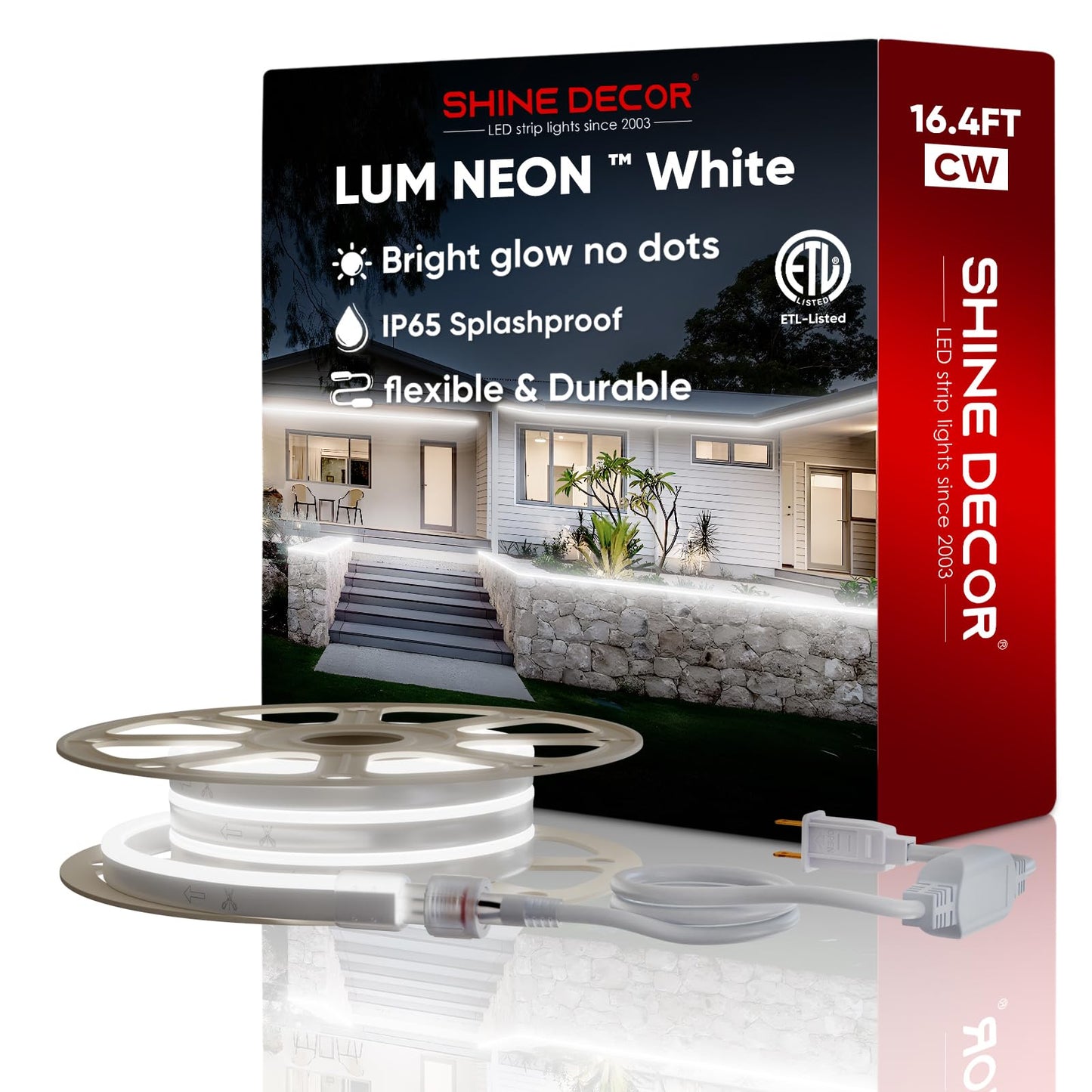 Shine Decor LED Neon Rope Lights, 16.4FT Waterproof SMD2835, 6300K Cool White, Indoor Outdoor Ambiance Lighting