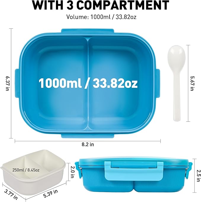 Bento Box with Removable Compartments for Adults & Kids - 1000ml Leak Proof Lunch Box with Utensils, BPA-Free, Microwave & Dishwasher Safe, Portable(Blue)