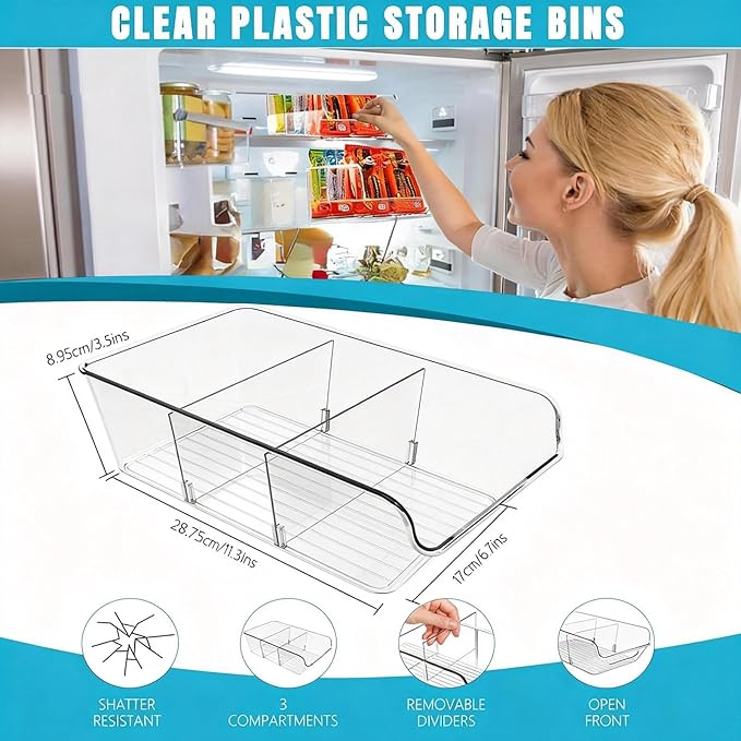 Pantry Organizers and Storage,Clear Plastic Containers with 2 Dividers for Kitchen,Fridge,Freezer Organization and Storage,Acrylic Bins for Pounches,Spice Packet,Snack organzier (4 Pack)