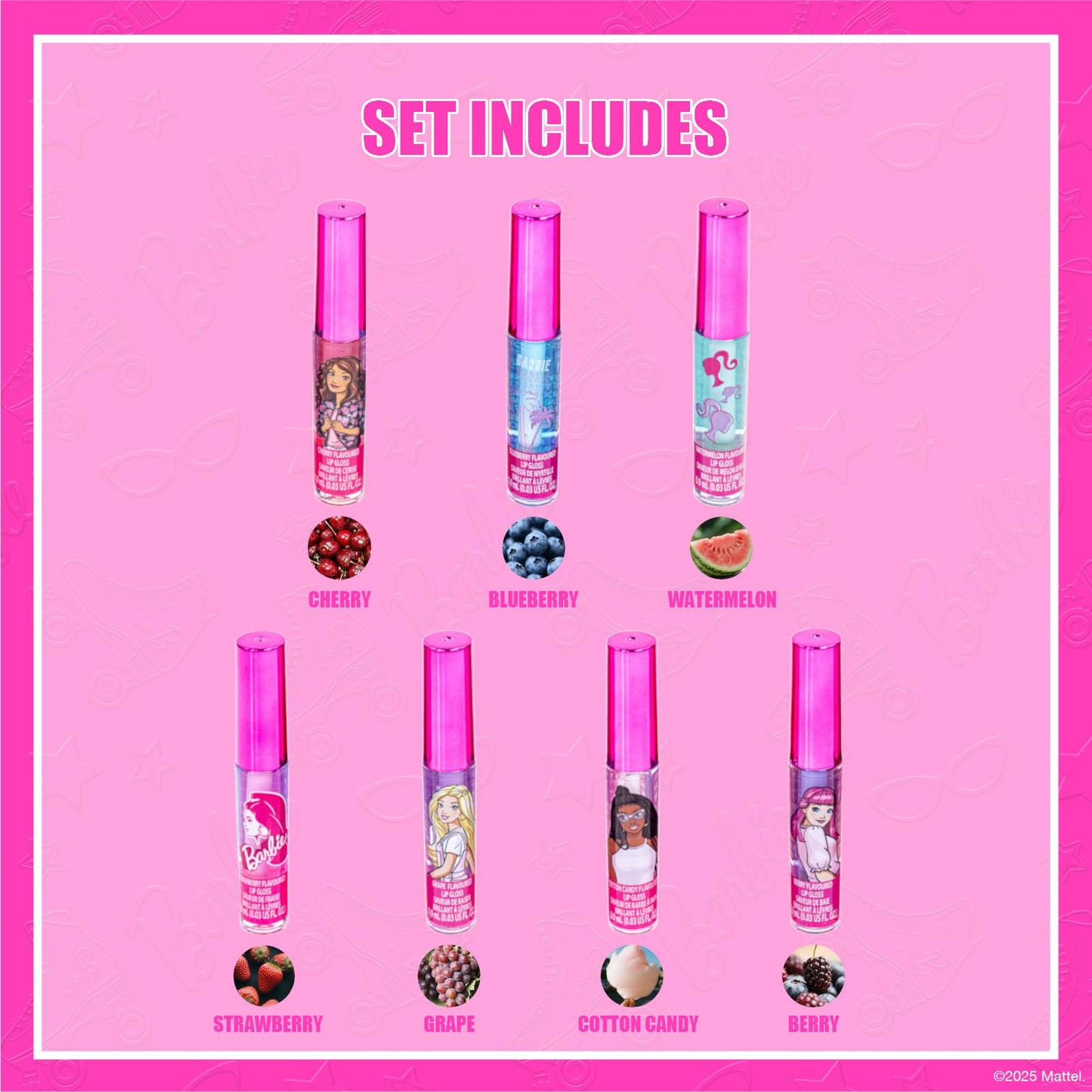 Barbie 7 Piece Plant Based Lip Gloss, Girls Party Favors, First Makeup Set for Girl, Perfect for Parties, Sleepovers, and Birthd