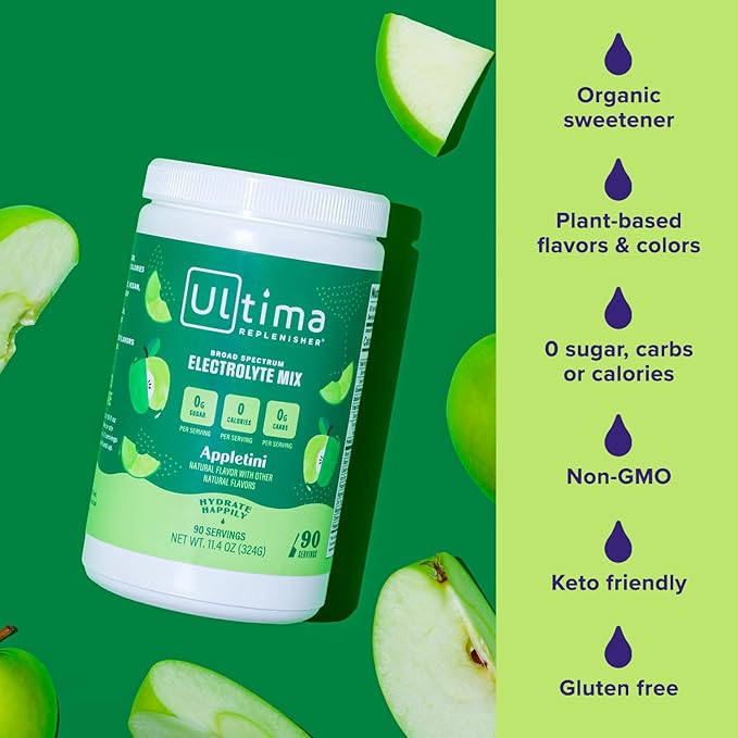 Ultima Replenisher Mocktini Electrolyte Powder Drink Mix – Sugar Free – Appletini, 90 Servings – Hydration Powder with 6 Key Electrolytes and Trace Minerals – Keto Friendly, Non-GMO