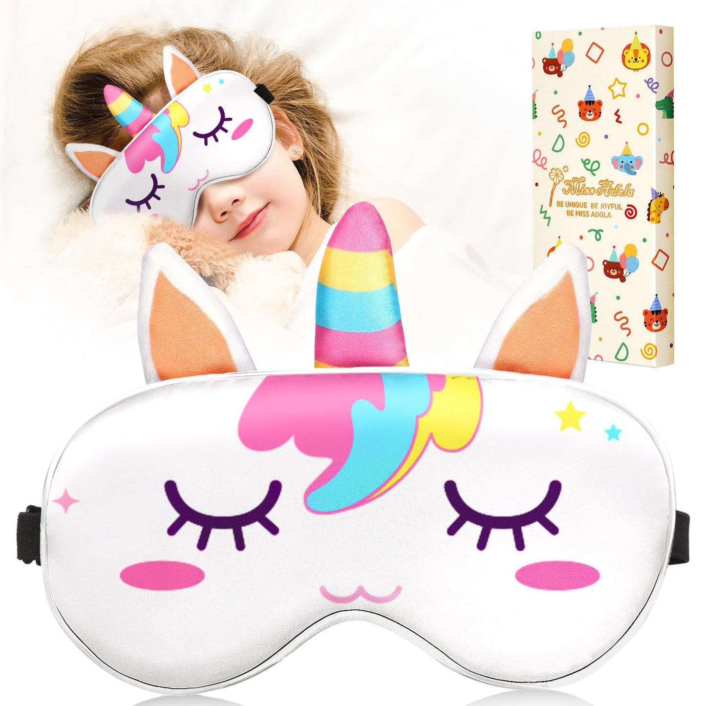 Miss Adola Sleep Mask for Kids - Valentines Gift for Kids Cute Silk Eye Cover for Sleeping Soft Kawaii Eyeshade Animal Eye Blindfold with Adjustable Strap for Girls Teens, Unicorn