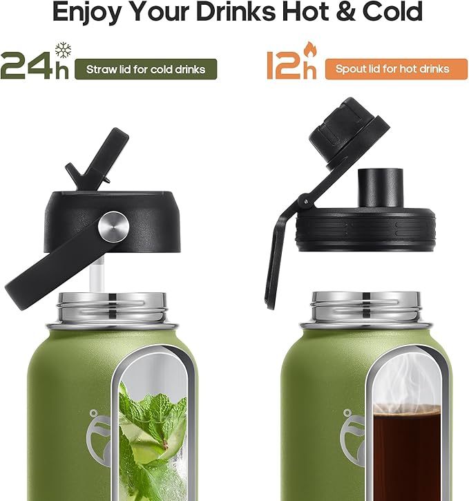 Insulated Water Bottles 32 oz with 2 Leak Proof Lids & Water Bottle Holder, Wide Mouth Sport Water Bottle with Straw, Reusable Stainless Steel Water Flask, Double Walled Vacuum Thermos