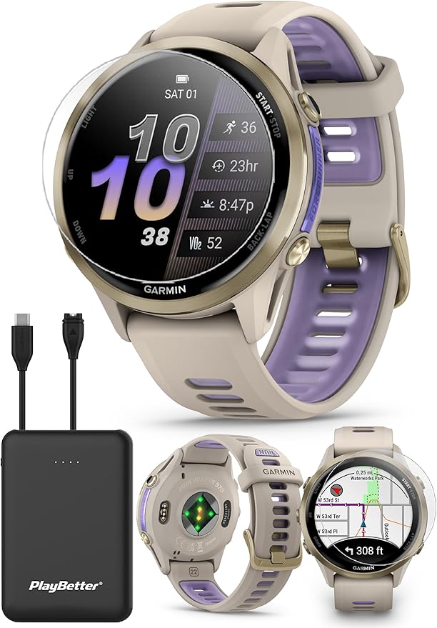 PlayBetter Garmin Forerunner 970 (Soft Gold French Gray/Translucent Indigo) Premium GPS Running & Triathlon Smartwatch Bun...