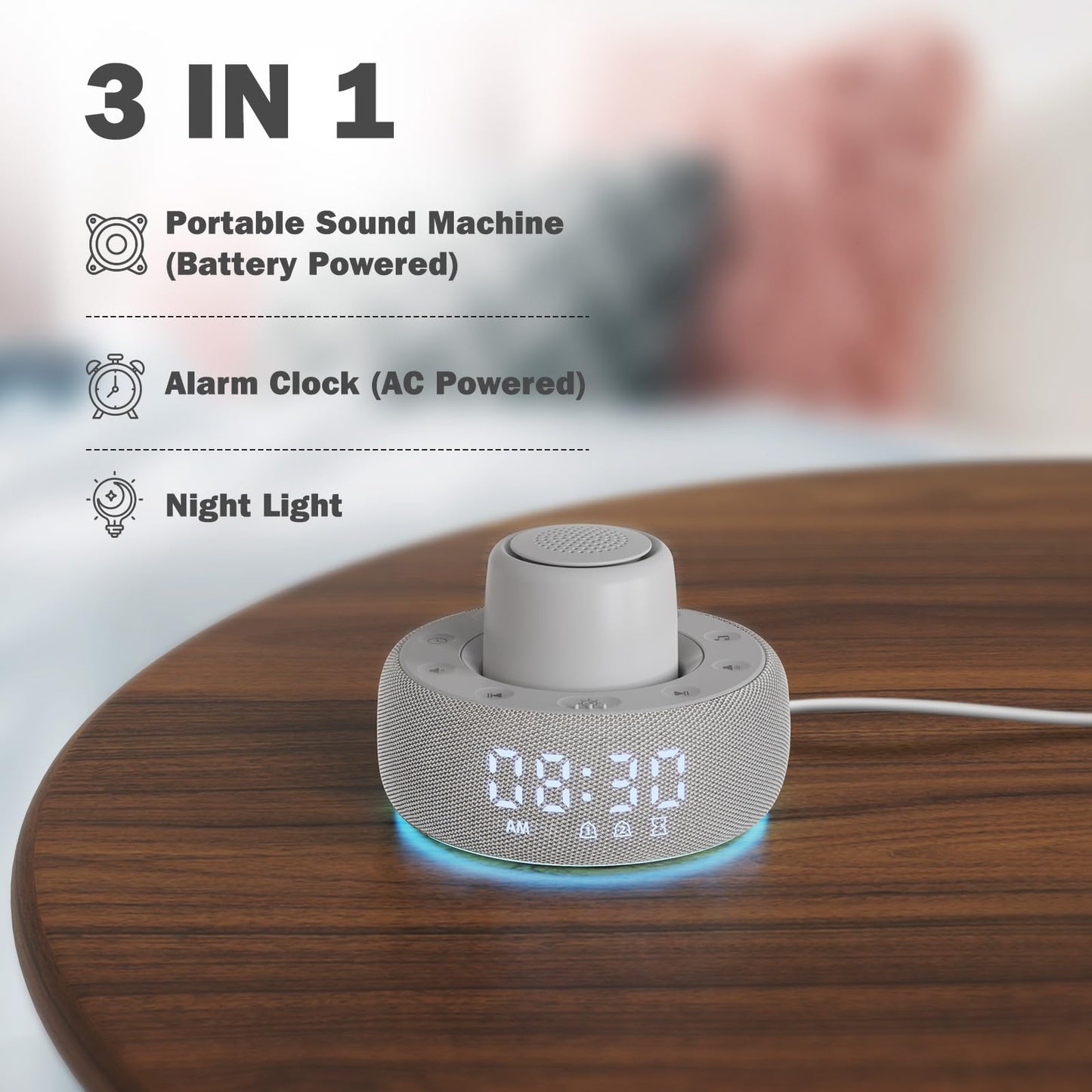 Paussion White Noise Machine with Smart Alarm Clock, 25 Soothing Sounds, Portable Sleep Sound Machine Aid for Baby, Kids, Adults, Office, Dimmable Timer, 7 Night Light Colors for Privacy Bedroom, Gray