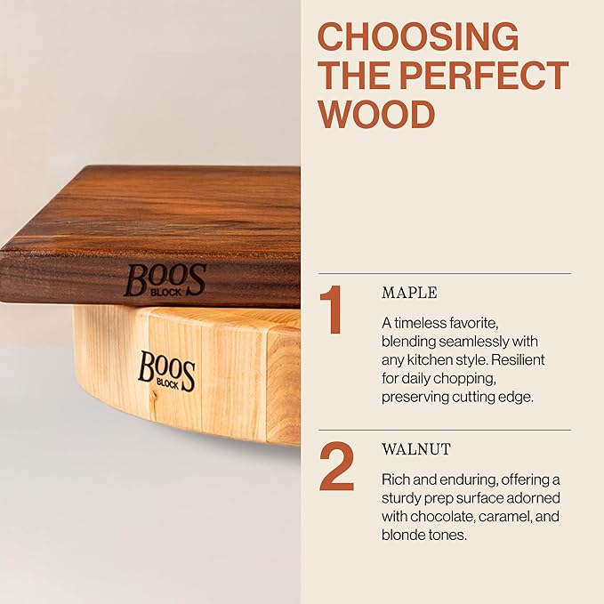 John Boos B Series Square Wooden Maple Cutting Board 12”x12” – 1.5” Thick, 6-lb Non-Reversible Butcher Block with Wood Bun Feet & Edge-Grain
