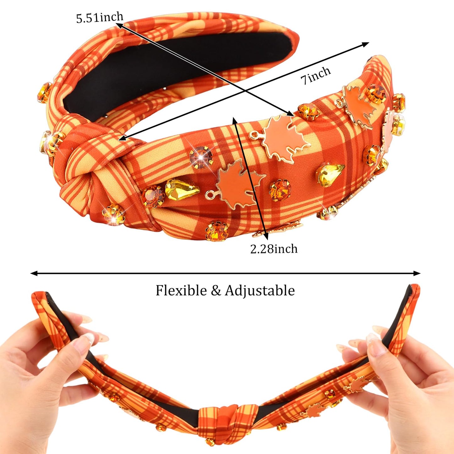 CURASA Thanksgiving Day Fall Headbands For Women Rhinestone Knotted Headband Maple Leaf Non Slip Jeweled Hairband Embellished Ha