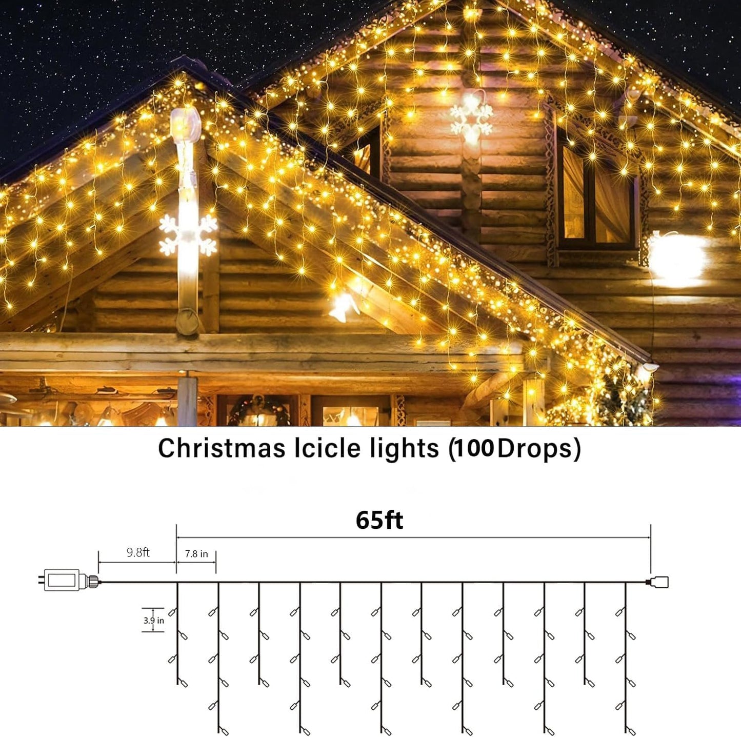 Joomer Icicle Lights Outdoor, 500 LED, 65FT, 8 Modes, Waterproof, Warm White, Model SSL0500-I-24V