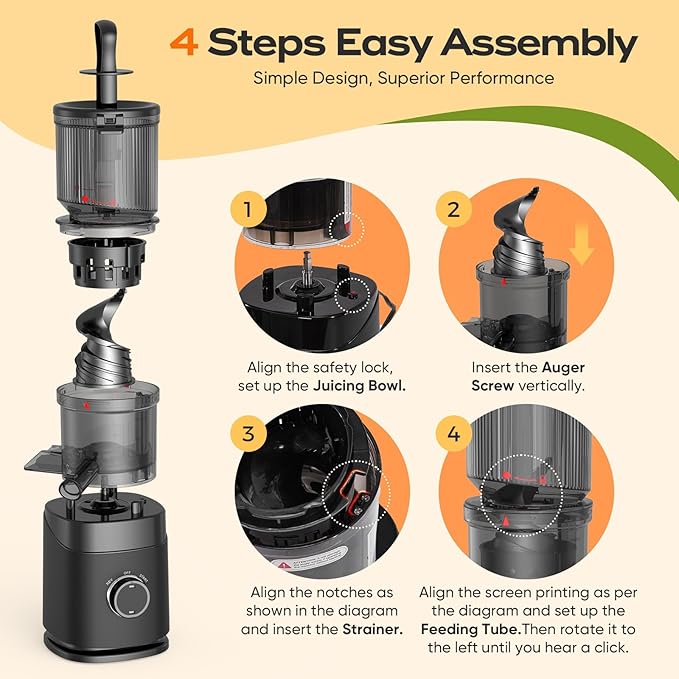 Juicer Machines, 150 Watts Cold Press Juicer with Wide Chute, Slow Masticating Juicers, High Juice Yield for Leafy Greens, Fruits & Vegetables, Easy to Clean
