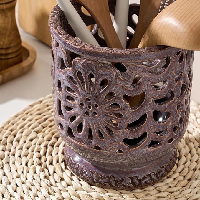 Farmhouse Kitchen Utensil Holder for Countertop, Ceramic Large Cooking Utensil Crock with Cork Mat, Decorative Rustic Utensil Holder for Kitchen Counter, Hollow Carving Flower, Purple