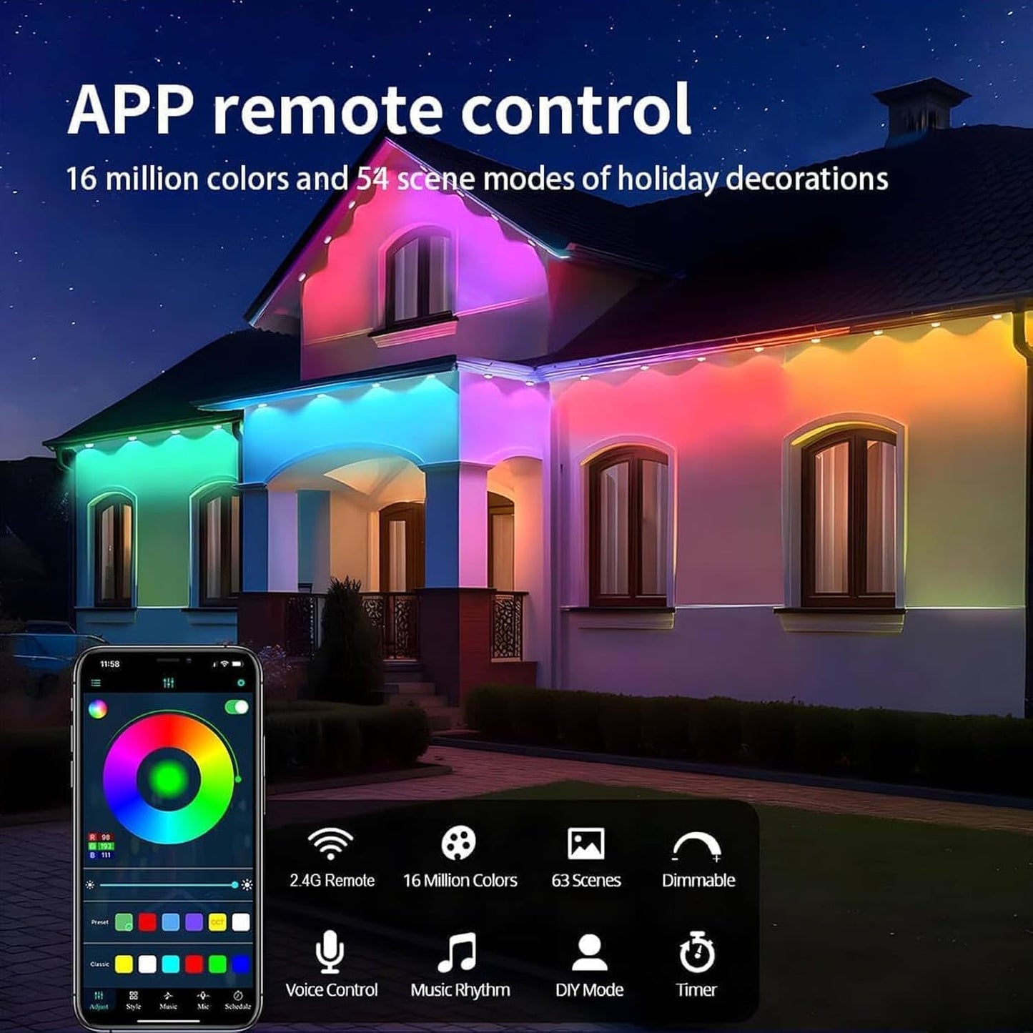 HConce Permanent Outdoor Eaves Lights, 50ft RGB-IC LED, IP67 Waterproof, Smart App & Remote Control, Multicolor