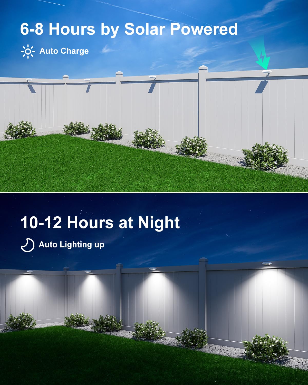 8 Pack White Solar Powered Gutter Lights Outdoor Decorative Waterproof 12 LEDs Yard Lamp for Lighting Fence, Railing, Outside Wall, Deck, Garden, Path, Backyard, Walkway, Patio, Holeless Installation
