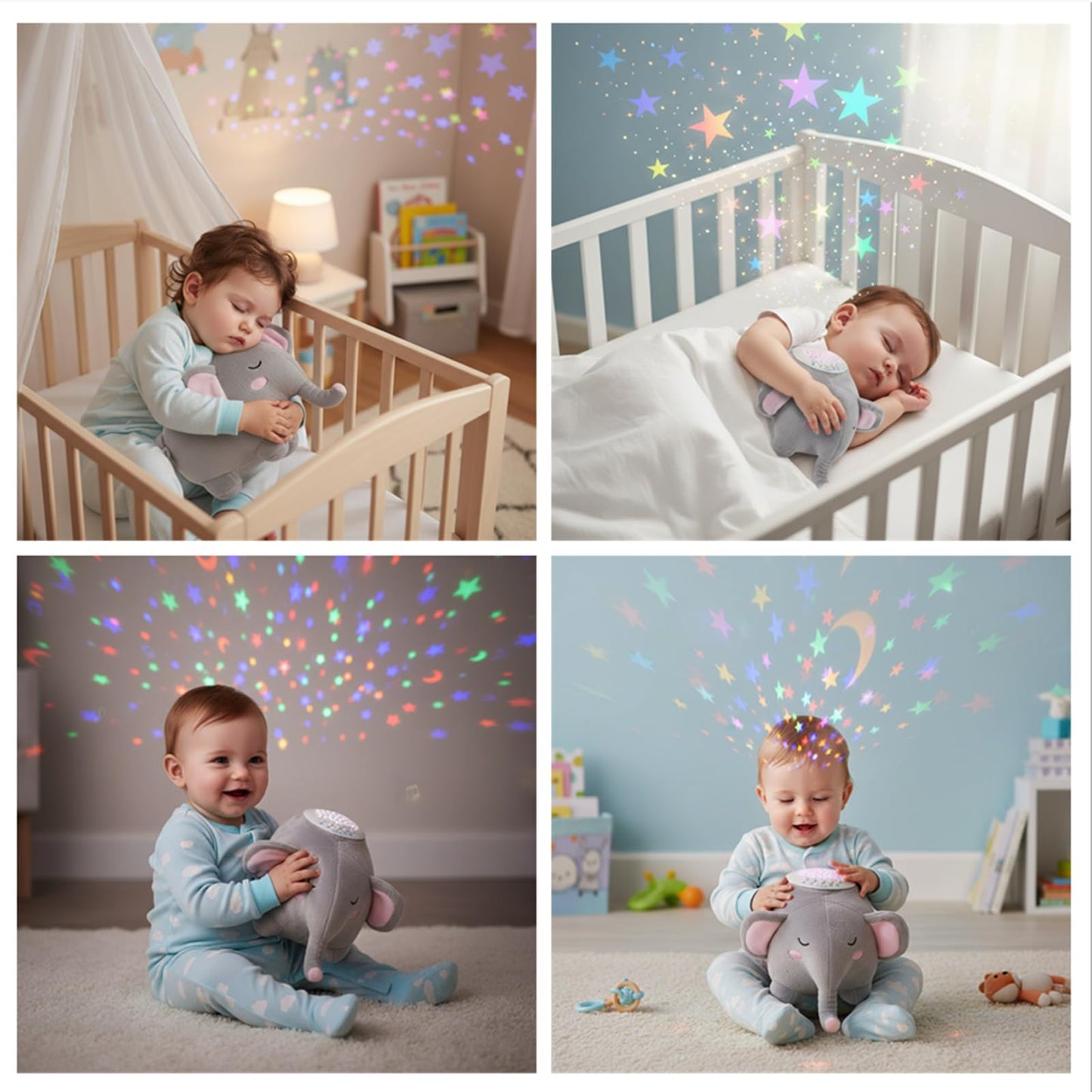BEREST Baby Elephant Soother Toy with Starry Night Light Projector, Shushing Heartbeat Plush Stuffed Animal with Lullaby Music & White Noise for Newborn Sleep Aid, Perfect Infant Shower Gift